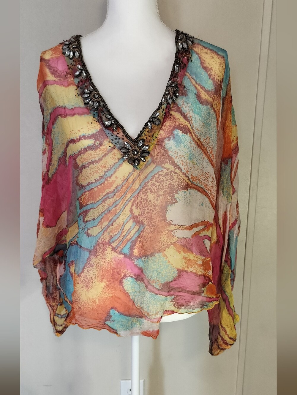Boston Proper Multicolor Jeweled V-Neck Chiffon Tunic